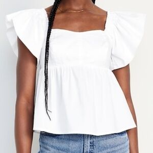 NWT - Old Navy White Cotton Twill Flutter Sleeve Smocked Back Top - XL TALL